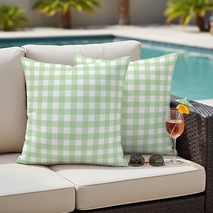 Mint Green Checks Outdoor Pillow Covers 20"x20" Set of 2, Gingham Plaid Abstract Modern Minimalist Waterproof Throw Pillow Covers for Patio Furniture, Decorative Cushion Covers for Porch