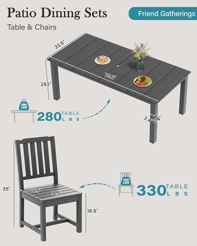 LOUNZY 7 Piece Patio Dining Set for 6, Outdoor Table and Chairs,Grey | 75.2” table,6 seat patio dining set, HDPE wood-look, fade resistant and waterproof, low maintenance outdoor furniture