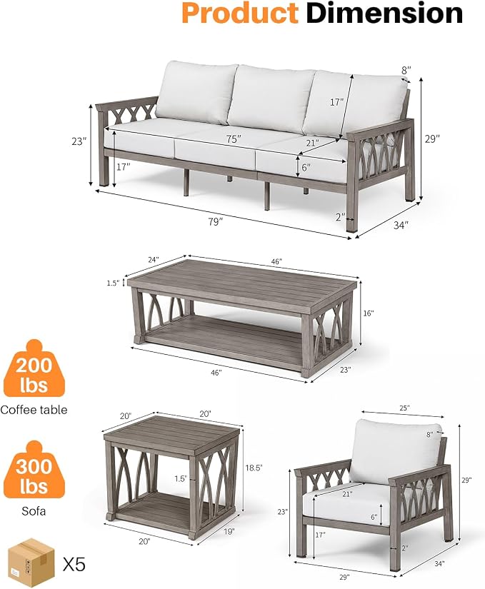 5-Piece Patio Furniture Set, Aluminum Outdoor Sectional Couch Set, Patio Conversation Set with Thick Cushions, Weather-Resistant Outdoor Furniture Set for Porch, Deck, Pool, Limed Oak