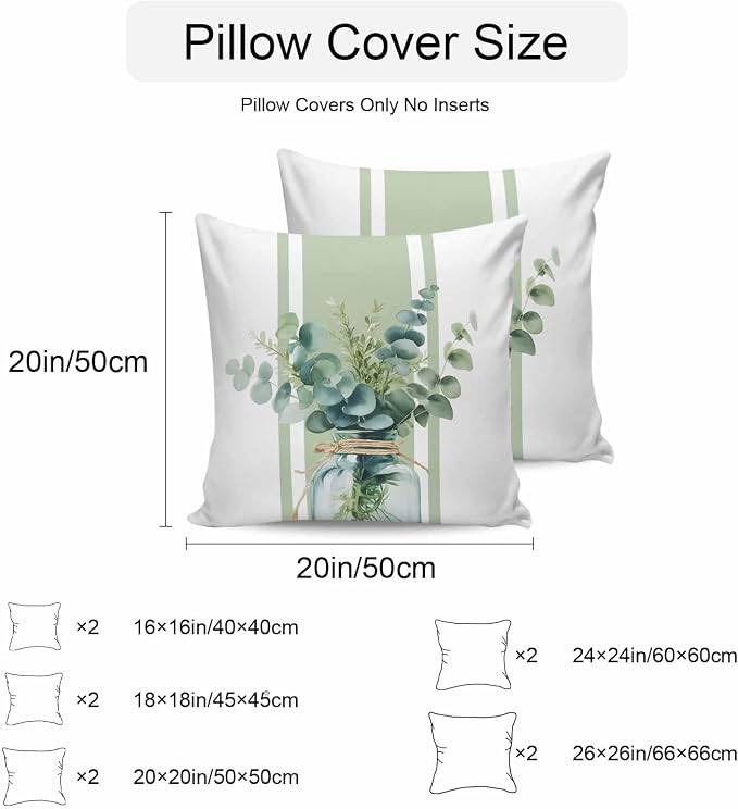 Sage Green Eucalyptus Leaves Outdoor Pillow Covers 20x20 Inch Throw Pillow Covers Set of 2 Waterproof Decorative Pillow Cases Farmhouse Stripe Botanical Cushion Covers for Patio Furniture Garden Couch