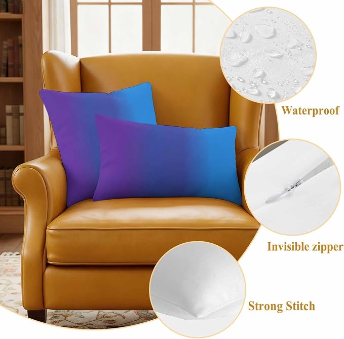 Purple Blue Ombre Outdoor Pillow Covers Waterproof, All Weather Cushion Case Set of 2, Modern Color Gradient Striped Decorative Pillowcases for Sofa Couch Bed Decor Patio Furniture 16"x16"