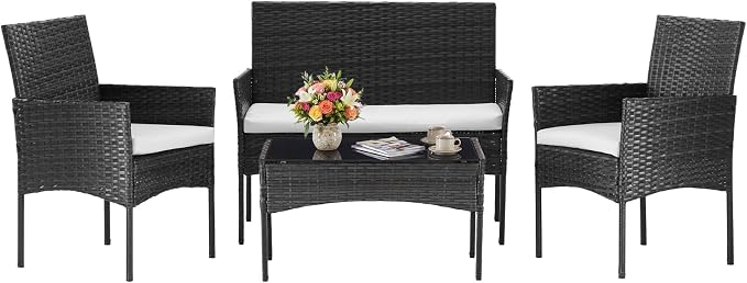 DUMOS 4 Piece Patio Furniture Set, All-Weather Outdoor Wicker Conversation Set with Removable Cushions & Tempered Glass Coffee Table, for Porch, Balcony, Lawn, Backyard Black