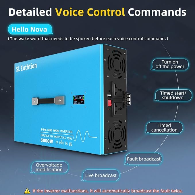 5000W Pure Sine Wave Power Inverter Voice Control AI Voice Assistant Support English 12V to 120V 60HZ with LCD Display, USB Port, for Car Home Laptop Truck