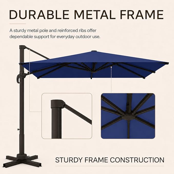 Kingdura 9' X 9' Cantilever Patio Umbrella with Base Included, Large Square Outdoor Offset Umbrella with 360-degree Rotation, 4 Position Tilt, UV Protection for Pool Deck Garden Patio (Navy blue)