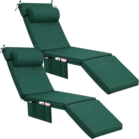 RattanView 2 Pcs Outdoor Chaise Lounge Cushion with Pillow and Side Pockets Waterproof Lounge Chair Cushions for Outdoor Furniture Patio Lounger Pad for Outside Pool Lawn (Dark Green,72 x 21 x 4)