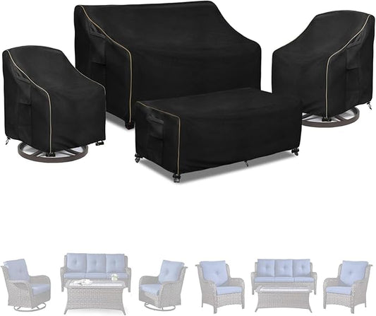 Patio Furniture Covers 4 Piece Set, 600D Heavy Duty Outdoor Furniture Covers Waterproof for Patio 3-Seater Sofa,Swivel Rocker Chair and Coffee Table Furniture Set,Black