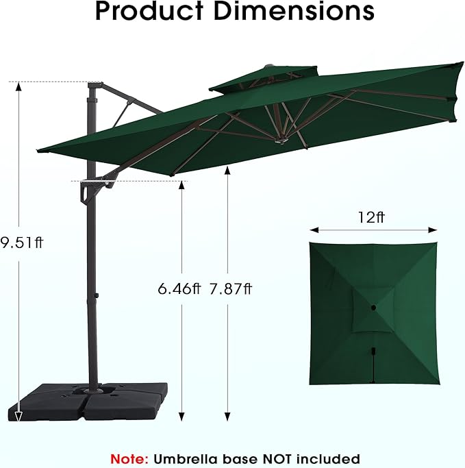 JEAREY 12ft 2-Tier Cantilever Patio Umbrella, Large Square Outdoor Offset Umbrella with Double Top Vent and 360-degree Rotation for Garden, Deck, Pool, Patio, Dark Green