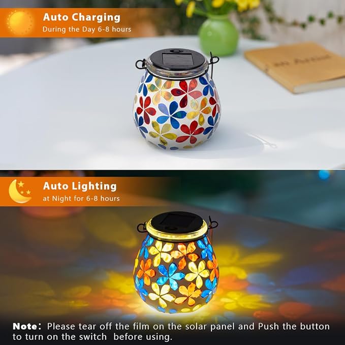 Stargarden 4Pack Mosaic Solar Lanterns, Glass Hanging Lantern Waterproof Outdoor Haning Lights Flower Decorative Table Lamp for Garden ,Patio,Yard Decor