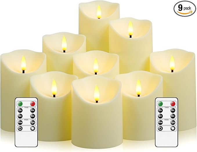 Eebuss Flameless Candles with Remote Timer, Battery Operated Realistic Flickering LED Candles, 9 Packs Fake Candles for Home Decor (D3 x H 3" 4" 5" 6" 7") (Ivory)