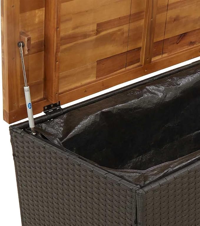 Outdoor Storage Box with Acacia Wood Frame and Poly Rattan Design 21.7 x 43.3 x 24.8 Inches Weather Resistant for Garden Patio and Balcony