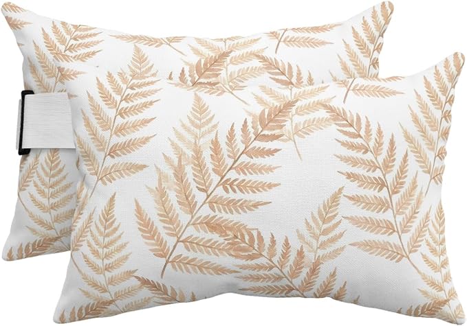 Lumbar Pillow Covers Set of 2, Beige Ferns Waterproof Outdoor Chaise Lounge Pillow Covers with Elastic Strap, Spring Summer Botanical Leaves Headrest Pillowcase for Patio, 11 x 16