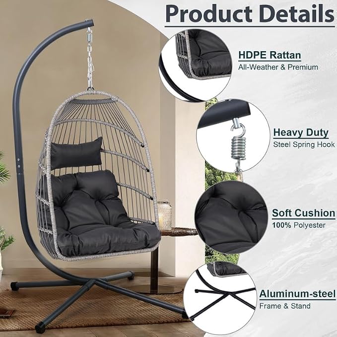 Outdoor Egg Hanging Chair with Stand, Patio Wicker Swing Egg Chair Indoor Swinging Chair Outdoor Hammock Egg Chair