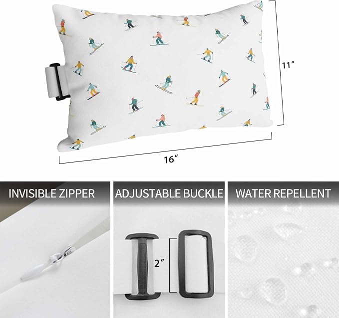 Skiing Outdoor Chaise Lounge Head Pillow with Insert,Winter Snow Ski Sports Cartoon Boys Girls Skier Waterproof Headrest Lumbar Pillow Cusion Cover with Elastic Strap for Patio Recliner,12"x20" 1PCS