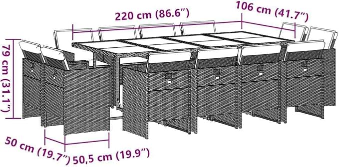 13 Piece Outdoor Dining Set with Cushions Gray Poly Rattan Patio Furniture for 12 Seats, Folding Chairs with Removable Washable Cushions, Tempered Glass Table for Garden Backyard Deck Entertaining
