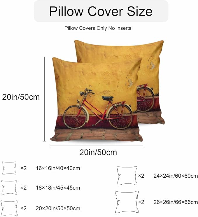 Bicycles Outdoor Pillow Covers 18x18 Inch Throw Pillow Covers Set of 2 Waterproof Decorative Pillow Cases Farmhouse Vintage Vehicle Yellow Broken Walls Cushion Covers for Patio Furniture Garden Couch