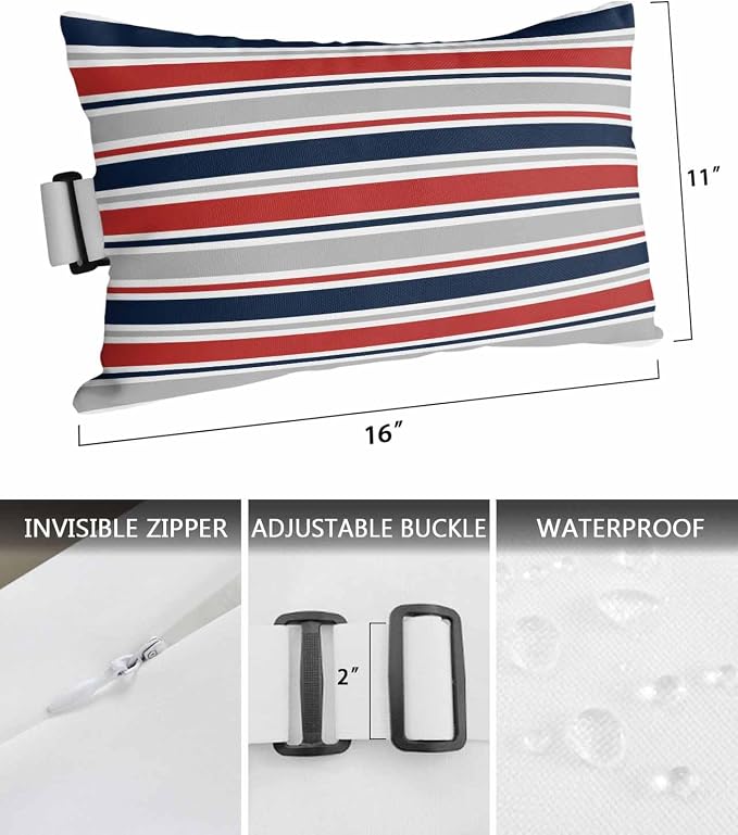 Pack of 2 Outdoor Lumbar Pillow Covers 11x16 Inch, Red Navy Blue Striped Waterproof Throw Pillow Covers Set, Farmhouse Stripes Modern Abstract Art Outside Decorative Cushion Cases for Patio Porch Car