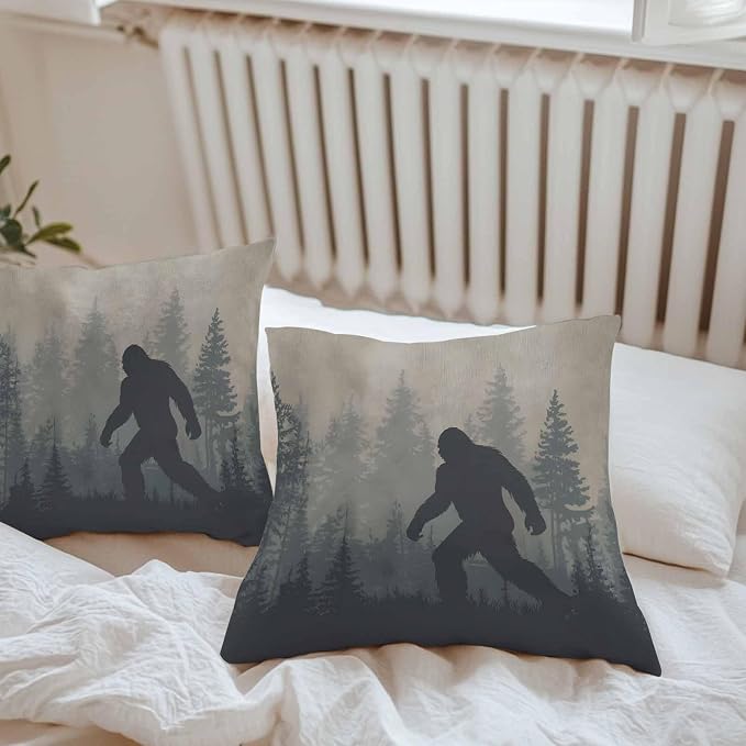 Forest Bigfoot Outdoor Pillow Covers Pack of 2 Vintage Sasquatch Animal Silhouette Foggy Dark Forest Plant Waterproof Pillow Covers Decor Cushion Cases for Patio Garden Tent Balcony Couch 16x16 inch