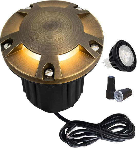 MALORY Brass Top Cover Landscape Well Lights,(φ126 mm) 12V Low Voltage Outdoor In Ground Lights,Landscape Lighting for Pathway, Driveway, Garden (Five-Direction Turret, 1-Pack with Bulb)