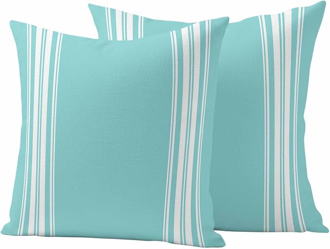 Outdoor Pillow Covers 16x16 Set of 2 Teal Stripes Outdoor Pillows Waterproof Throw Pillow Covers French Stripe Farmhouse Style Pillowcases Decorative Case for Patio Cushion