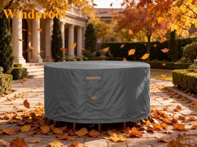 600D Heavy Duty Waterproof Patio Furniture Covers UV Resistant Round Outdoor Table Chair Covers Large Round 108"Diax28"H Dark Grey