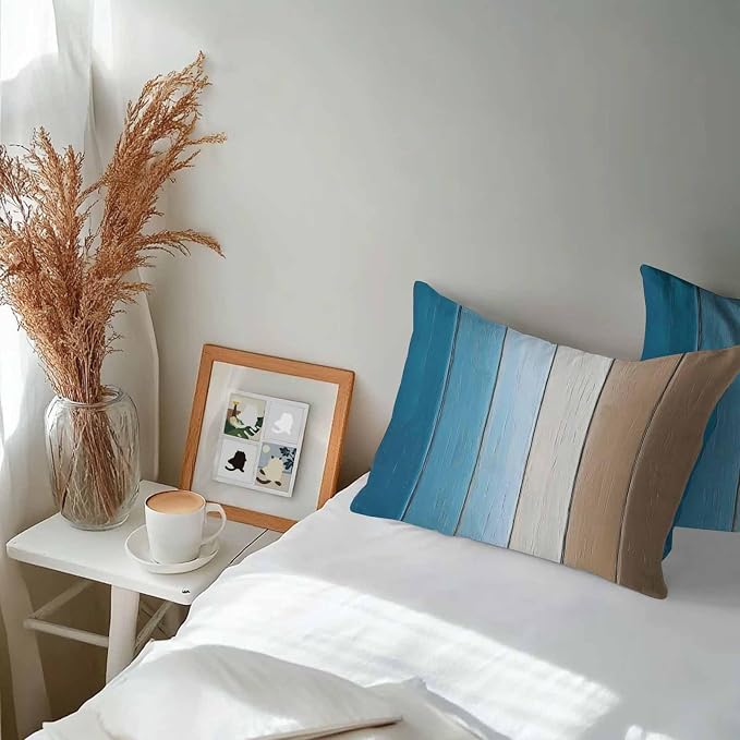 Lumbar Pillow Covers 20x12 Inch Set of 2, Blue Brown Ombre Waterproof Outdoor Cushion Covers, Vintage Country Wooden Decorative Pillowcases for Couch, Sofa, Bed, Garden, Patio