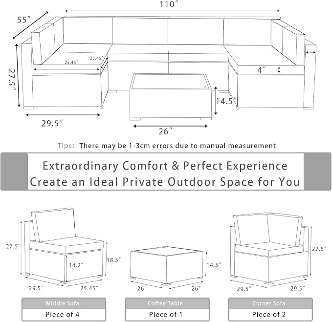 ALAULM 7 Pieces Patio Furniture Set Wicker Patio Conversation Set, Outdoor Sectional Furniture w/Coffee Table & Washable Seat Cushions-Grey