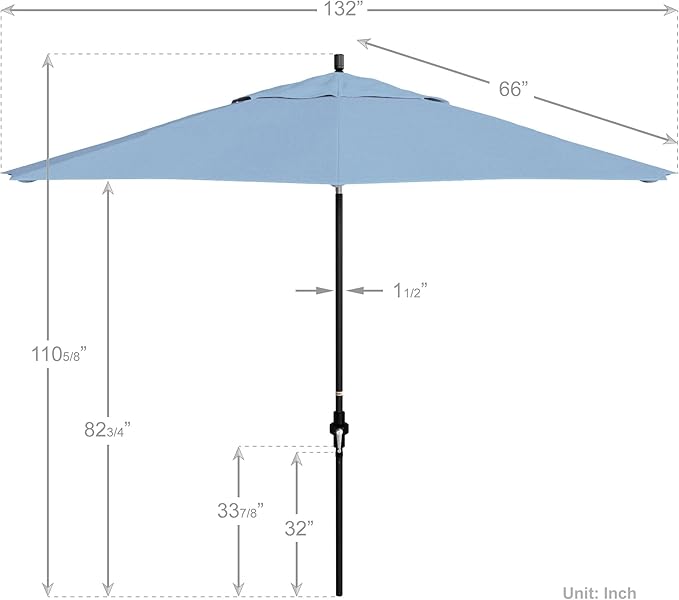 California Umbrella 11Ft Premium Sunbrella Patio Umbrella, Hand-Crank, Tilt-Collar, Black Frame, Air Blue Fabric