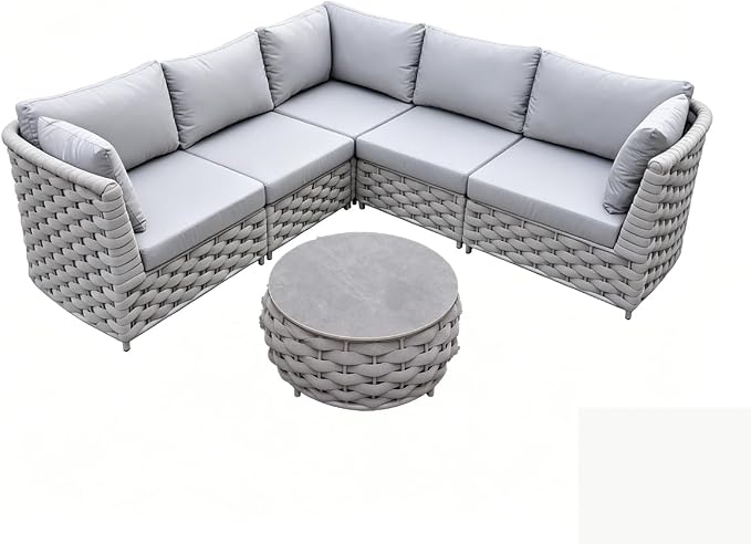 TWT 6-Piece Modular Outdoor Sectional Sofa Set, 5-Seater Woven Rope Patio Conversation Set with Coffee Table, Water-Resistant Cushions, for Backyard Balcony Deck,Khaki Gray