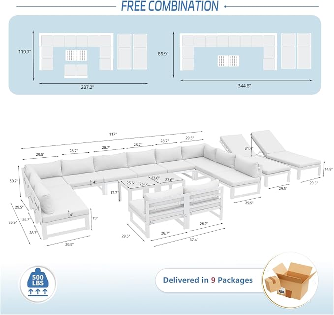 NICESOUL Extra Large Aluminum Patio Furniture Set with Chaise Lounge, All-Weather 29" Wide Seats Outdoor Sofa Conversation Set, 16 Piece Modern Sectional Couch for 14 Seats, for Garden, Light Gray