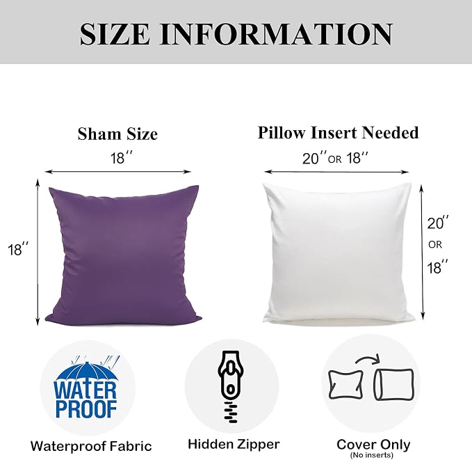 YOUR SMILE Pack of 2 Decorative Outdoor Waterproof Pillow Covers Garden Cushion Sham Throw Pillowcase Shell for Patio Tent Couch (Purple, 18''x18'')