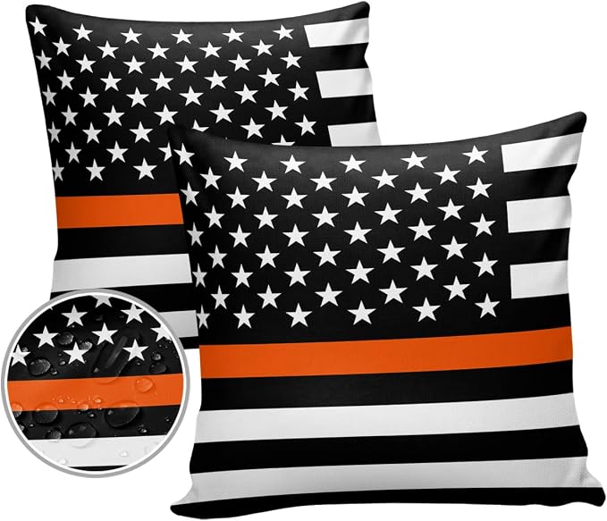Prime Leader Outdoor Waterproof Pillow Covers Set of 2, Thin Orange Line Flag Search Rescue Officer Patio Throw Pillow Covers, Decorative Cushion Case for Couch Sofa Furniture Garden, 18x18 Inch