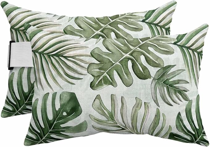 Pack of 4 Outdoor Lumbar Pillow Covers 11x16 Inch, Green Monstera Deliciosa Waterproof Throw Pillow Covers Set, Summer Botanical Tropical Indoor&Outdoor Decorative Cushion Cases for Patio Porch Car