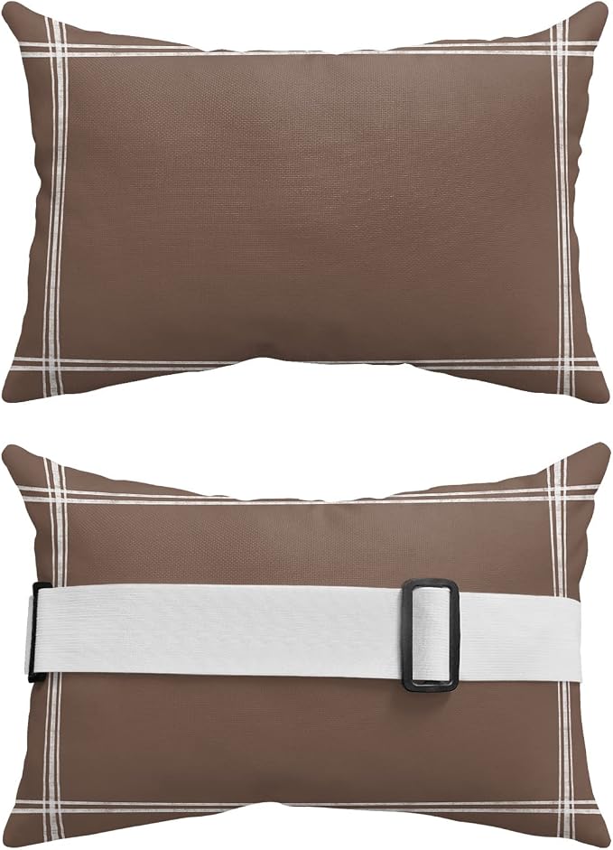 T&H XHome Outdoor Pillow for Chaise Lounge Chair, Solid Color Brown Waterproof Headrest Pillow Lumbar Pillows with Insert & Adjustable Elastic Strap for Beach, Poolside, Patio, Office (1 Pack)