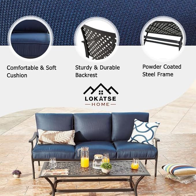 LOKATSE HOME 3 Seat Metal Patio Loveseat Bench Outdoor Furniture Bistro Set with Coffee Table for Lawn Front Porch Garden Yard or Poolside, Blue