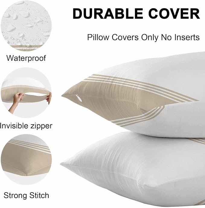 Throw Pillow Covers 18x18 Inch Set of 2, Beige White Striped Waterproof Outdoor Cushion Covers, Modern Abstract Art Aesthetics Decorative Pillowcases for Couch, Sofa, Bed, Garden, Patio