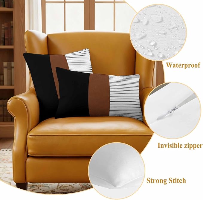 JasmineM Outdoor Pillow Cover 16x16 Inches Set of 2 Brown Black Lines Waterproof Throw Pillow Covers Boho Style Decorative Pillowcases Garden Cushion Case for Patio Couch Sofa