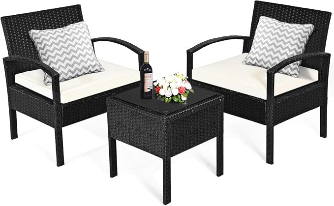 Tangkula 3 Piece Patio Conversation Set, Outdoor Rattan Sofa Set with White Seat Cushions & Coffee Table, Patio Wicker Furniture Set for Garden Balcony Backyard Poolside (Black)