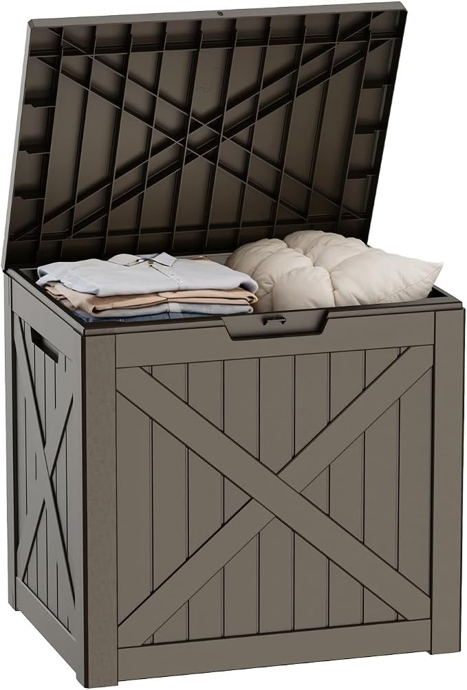 Deck Box Large Outdoor Storage for Patio Furniture,Outdoor Cushions,Garden Tools and Pool Supplies,Waterproof,Resin,Lockable (Grey, 32 Gallon)