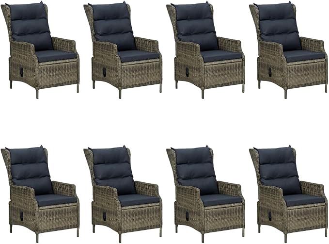 9 Piece Patio Dining Set with Cushions, Brown Poly Rattan Outdoor Furniture with Powder-Coated Steel Frame and Glass Tabletop