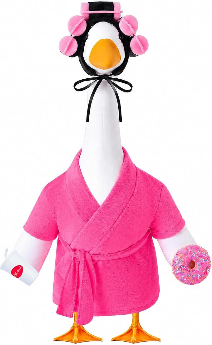 Lady Porch Goose Bathrobe Outfits Fits 23" Concrete Goose Statue | Funny Winter Porch Goose Outfit Old Lady Geese Costume with Curlers Coffee Cup for Outdoor Yard Garden Patio Decor(Fuchsia)