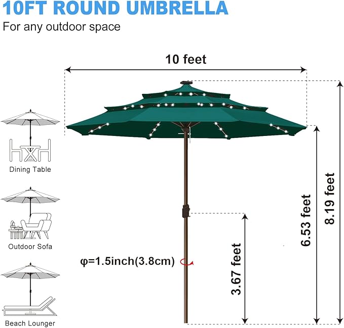 Eurmax USA 10-Year-Non-Fading 10FT 3-Tier Outdoor Patio Market Umbrella with LED Lights,UPF50+ UV Resistant,Commercial Grade,Crank Lift Design,Windproof Vented Top for Garden,Pool,Deck,Forest Green
