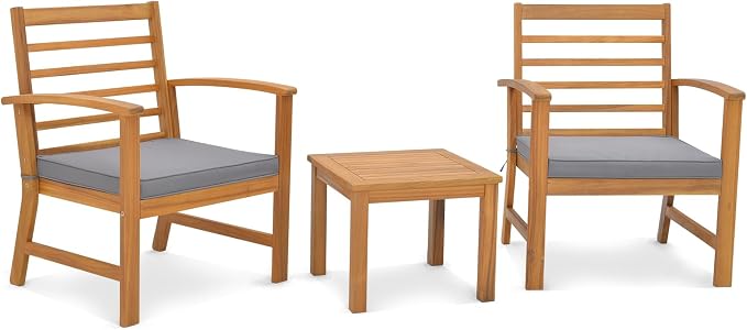 Tangkula 3 Pieces Outdoor Furniture Set, Acacia Wood Conversation Set with Soft Seat Cushions, Stable Acacia Wood Frame, Patio Sofa & Coffee Table Set for Backyard, Porch, Poolside (Grey)
