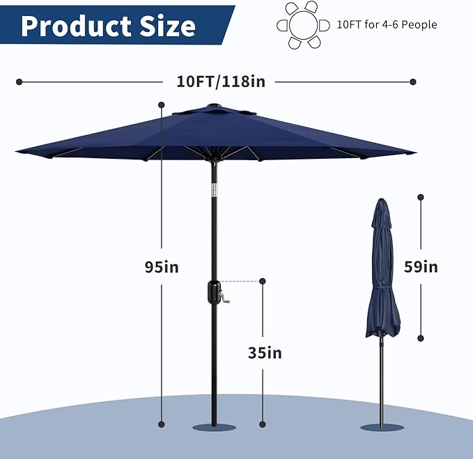 10Ft Patio Umbrella - 8 Sturdy Ribs Outdoor Table Umbrella with Crank Lift & Push Button Tilt - Market Umbrella for Pool, Deck, Yard, Garden - Turquoise