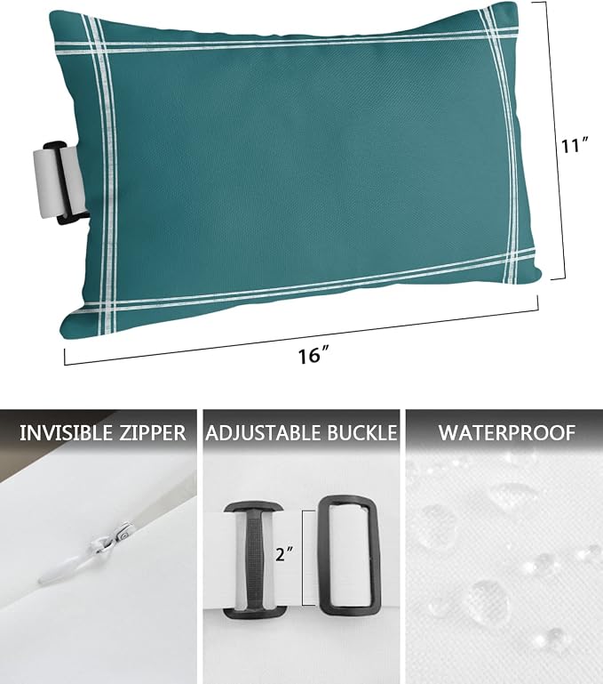 Outdoor Pillows Covers with Inserts Solid Color Teal Waterproof Recliner Pillow with Adjustable Strap Throw Pillows for Patio Furniture Pool Lounge Chair, 11x16 inch, 1PCS
