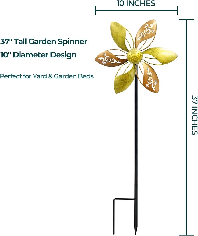 2 Pack Metal Wind Spinners, 37" Kinetic Yard Decor | Smooth Rotation, Rust-Resistant Finish, Tool-Free Setup, Elegant Floral Design