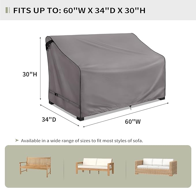 KylinLucky Waterproof Patio Sofa Cover 60"x34"x30", Heavy Duty All-Weather Outdoor Couch Cover with Drawstring & Leg Clips, Easy to Install, Grey