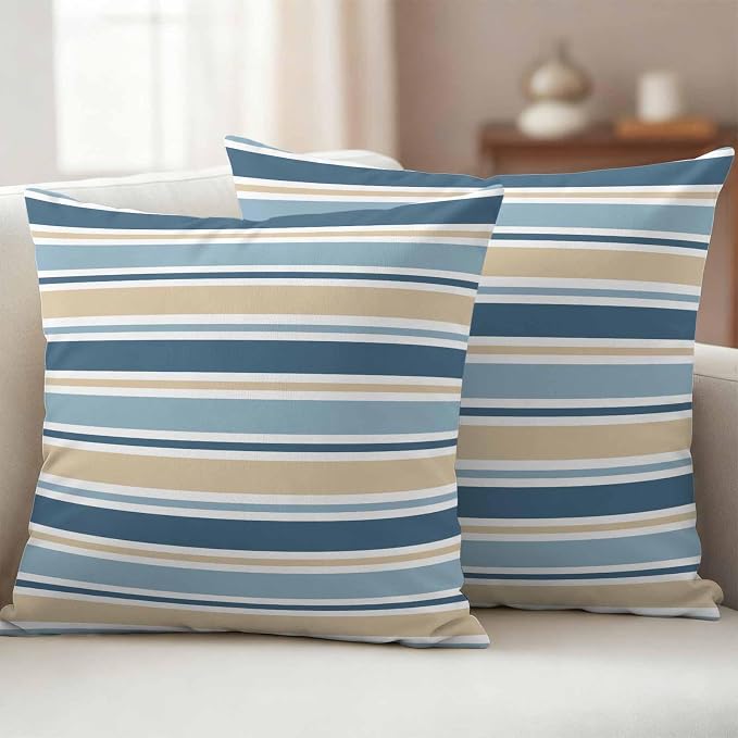 Khaki Blue Striped Outdoor Pillow Cover 16x16 Inch Cushion Sham Case, Farmhouse Stripes Modern Abstract Art Waterproof Decorative Square Throw Pillowcase for Outside Garden Patio Porch Couch Chair