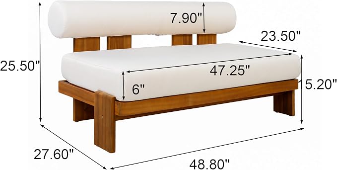 Merax 4-Piece Patio Conversation Set with Acacia Wood Frame, Waterproof Cushions & Round Backrest – Loveseat, 2 Club Chairs & Coffee Table for Garden, Deck & Balcony, Beige+Teak