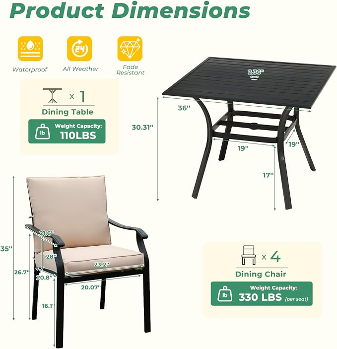 LVUYOYO 5-Piece Outdoor Patio Dining Set, Metal Stackable Chairs & Square Table Set, All-Weather Furniture for Backyard, Garden,Balcony,Porch (1 Square Table+ 4 Dining Chairs)