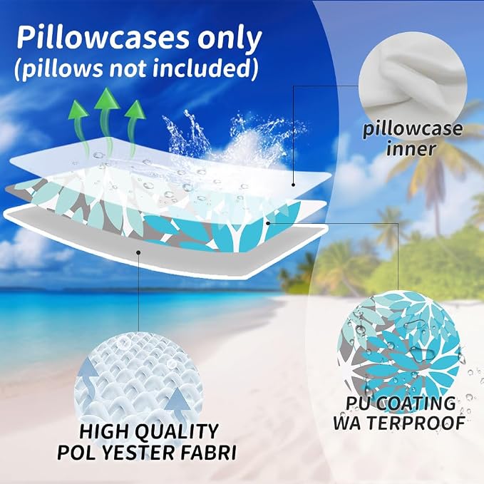 DFXSZ Pack of 2 Outdoor Waterproof Throw Pillow Covers 16x16 LightBlue Grey | Polyester Colorful Spring Summer Floral Decorative Cushion Cases(NO INSERT),For Couch Patio Funiture Garden Home Decor